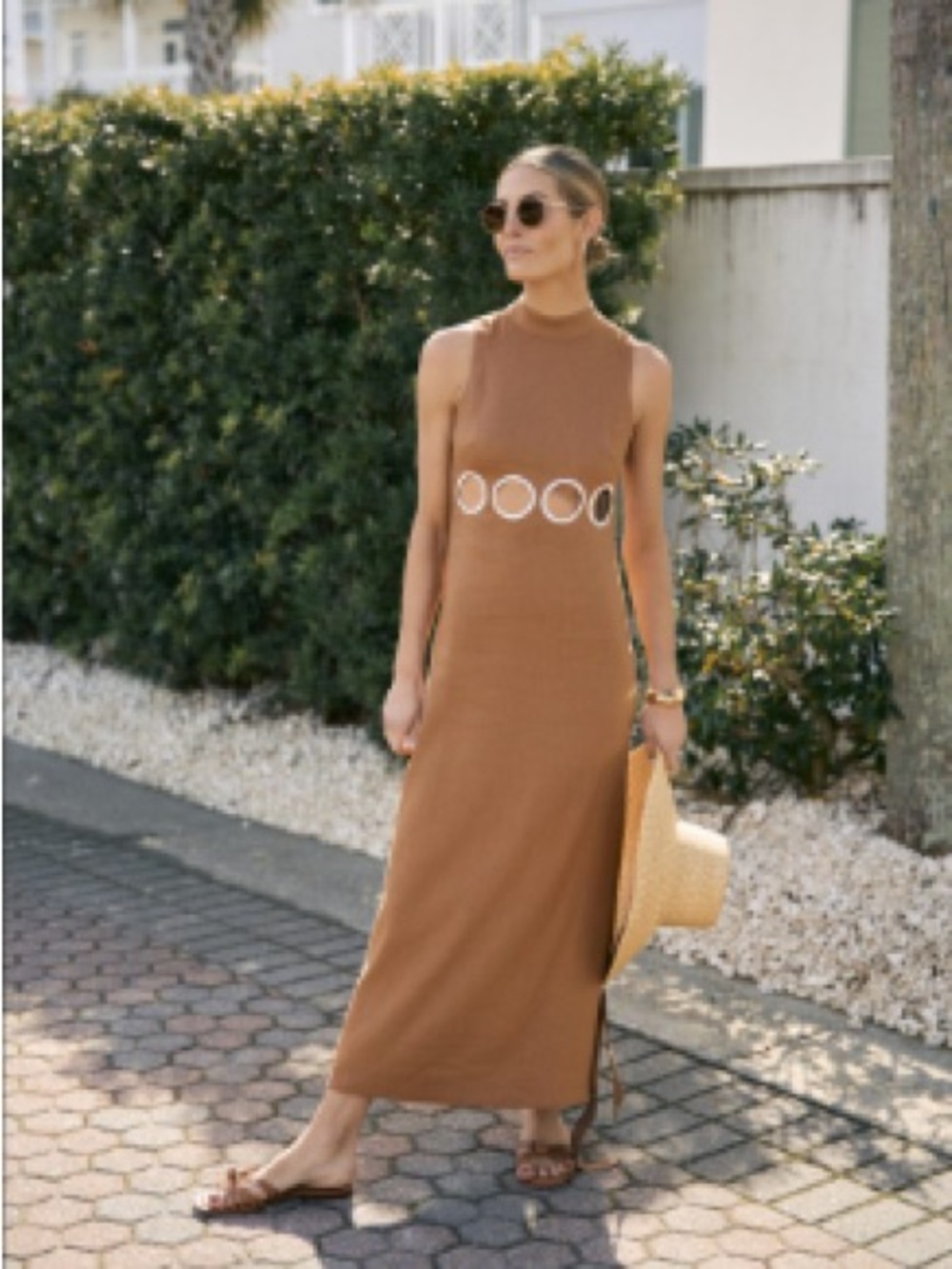 ANTONIO MELANI Sleeveless Tan Maxi Dress with Circular Waist Rings